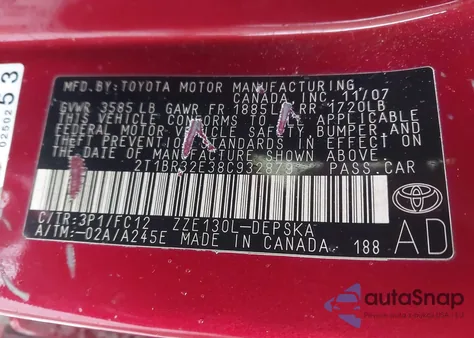 2008 Toyota Corolla S from USA, damaged, VIN 2T1BR32E38C932879